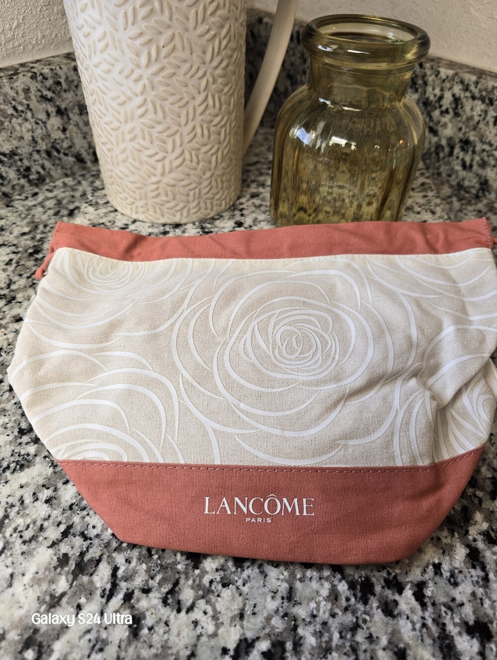 Lancome Coral and Cream Drawstring Cosmetic Pouch